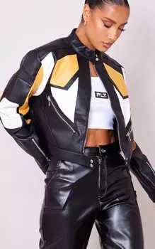 PrettyLittleThing Черно-желтая байкерская куртка из искусственной кожи с вставками для мотокросса