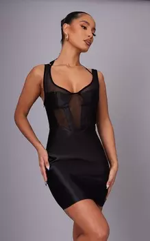 PrettyLittleThing Черное атласное облегающее платье с сетчатыми вставками на косточках и бретельками на бретельках