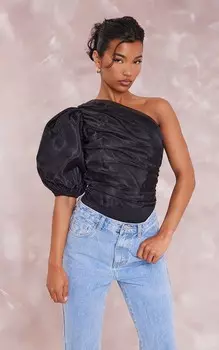 PrettyLittleThing Черное боди на одно плечо с деталями из органзы