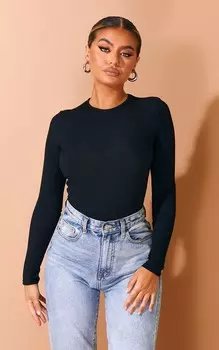 PrettyLittleThing Черное боди с круглым вырезом и длинными рукавами в рубчик