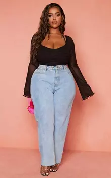 PrettyLittleThing Черное боди с сетчатыми рукавами и бретелькой на шее Plus