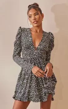 PrettyLittleThing Черное чайное платье с пышными рукавами и оборками по подолу с цветочным принтом