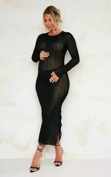 PrettyLittleThing Черное фактурное платье миди для беременных с разрезом по бокам
