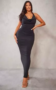 PrettyLittleThing Черное хлопковое платье макси с воротником-халатером