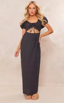 PrettyLittleThing Черное хлопковое платье мидакси с вырезом спереди