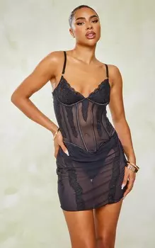 PrettyLittleThing Черное кружевное прозрачное облегающее платье на косточках с бретелями