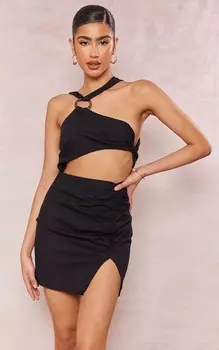 PrettyLittleThing Черное льняное облегающее платье с деревянными кольцами и вырезами через шею