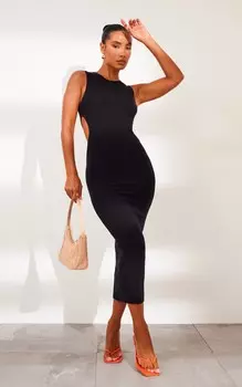 PrettyLittleThing Черное мягкое трикотажное платье макси с вырезами по бокам