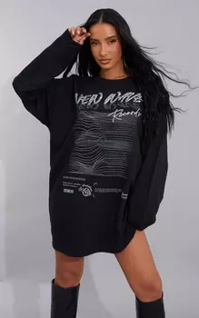 PrettyLittleThing Черное объемное платье-джемпер с надписью на спине Record Label