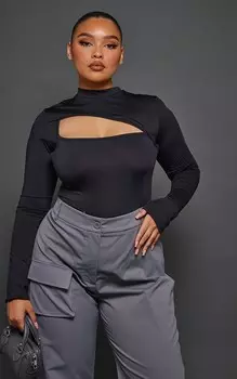 PrettyLittleThing Черное облегающее боди с высоким воротником и вырезами Plus