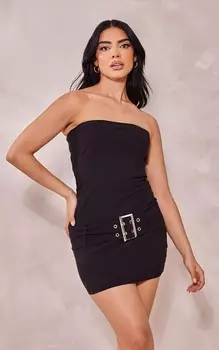 PrettyLittleThing Черное облегающее платье-бандо из эластичной ткани с поясом
