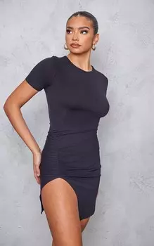 PrettyLittleThing Черное облегающее платье из джерси с короткими рукавами и рюшами по бокам