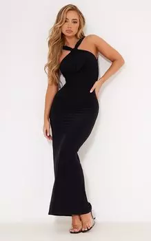 PrettyLittleThing Черное облегающее платье макси с хомутом и узлом сзади