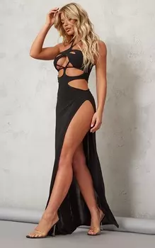 PrettyLittleThing Черное облегающее платье макси с несколькими вырезами и разрезами