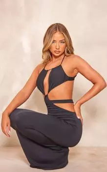 PrettyLittleThing Черное облегающее платье макси с вырезом халтер и вырезом на бретелях