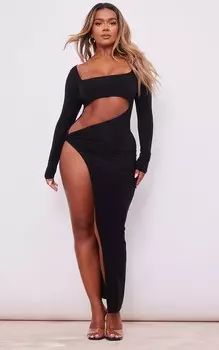 PrettyLittleThing Черное облегающее платье мидакси с вырезом и узлом по бокам