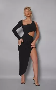 PrettyLittleThing Черное облегающее платье миди с одним рукавом и вырезами и рюшами