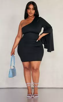 PrettyLittleThing Черное облегающее платье на одно плечо из крепа Plus