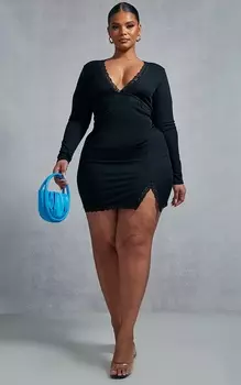 PrettyLittleThing Черное облегающее платье Plus с кружевной отделкой в рубчик и разрезом по подолу