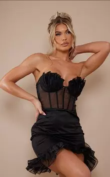 PrettyLittleThing Черное облегающее платье с корсетом и оборками на чашках