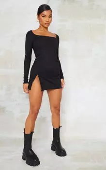 PrettyLittleThing Черное облегающее платье с квадратным вырезом и длинными рукавами в рубчик