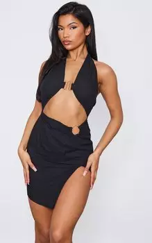 PrettyLittleThing Черное облегающее платье с льняной отделкой и вырезом халтер