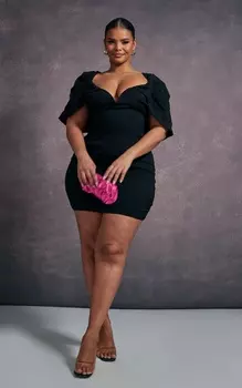 PrettyLittleThing Черное облегающее платье с V-образным вырезом и фактурной отделкой Plus