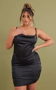 PrettyLittleThing Черное облегающее платье со сборками и рюшами из эластичного атласа