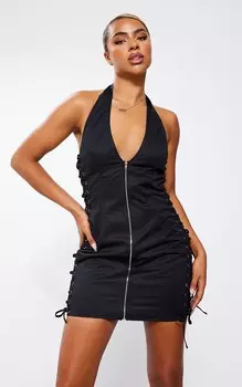 PrettyLittleThing Черное облегающее платье со шнуровкой и боковой молнией спереди