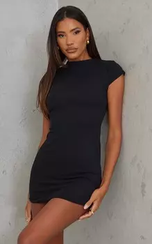 PrettyLittleThing Черное облегающее платье в рубчик с высоким воротником