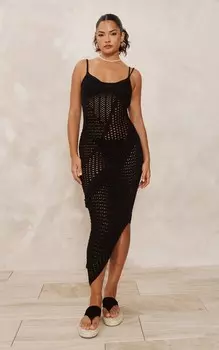 PrettyLittleThing Черное платье макси открытой вязки с оборками