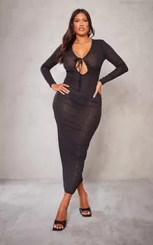 PrettyLittleThing Черное платье макси с длинными рукавами и завязками спереди