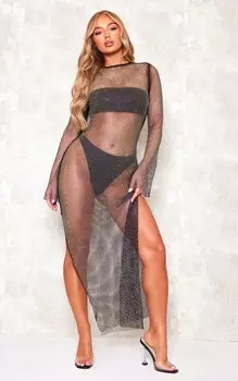 PrettyLittleThing Черное платье макси с открытой спиной и длинными рукавами в сеточку со стразами