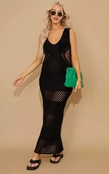 PrettyLittleThing Черное платье макси с рваными краями для беременных, связанное крючком по бокам