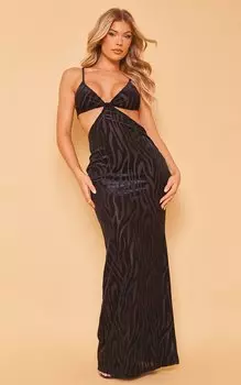PrettyLittleThing Черное платье макси с вырезами и бретелями Zebra Devore