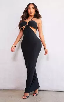 PrettyLittleThing Черное платье макси с вырезами в форме кольца