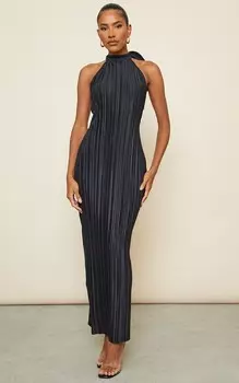 PrettyLittleThing Черное платье макси с высоким воротником и низкой спиной