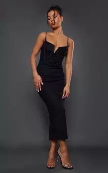 PrettyLittleThing Черное платье мидакси из сетки со сборками и V-образными перемычками на бретелях