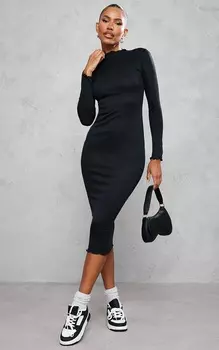 PrettyLittleThing Черное платье мидакси с длинными рукавами и кромкой салатового цвета в рубчик