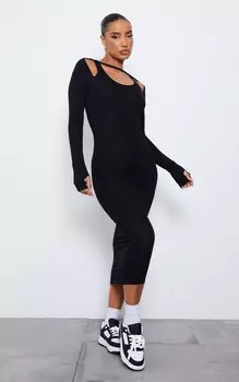 PrettyLittleThing Черное платье мидакси с длинными рукавами и бретельками из джерси
