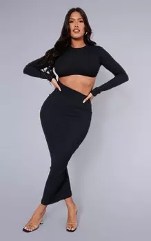 PrettyLittleThing Черное платье мидакси с длинными рукавами и вырезами в рубчик в форме повязки