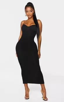 PrettyLittleThing Черное платье мидакси с плиссированными бретелями и чашками Shape