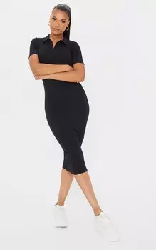 PrettyLittleThing Черное платье мидакси в рубчик с открытым воротником