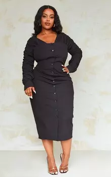 PrettyLittleThing Черное платье миди из поплина на пуговицах Plus
