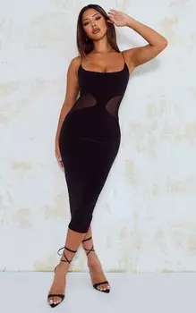 PrettyLittleThing Черное платье миди с сетчатой вставкой на талии и бретелями