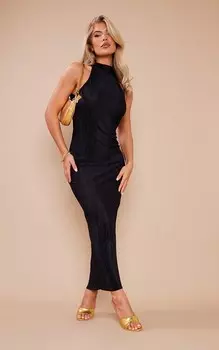 PrettyLittleThing Черное платье-миди с высоким воротом и плиссировкой