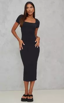 PrettyLittleThing Черное платье миди в рубчик с квадратным вырезом и начесом