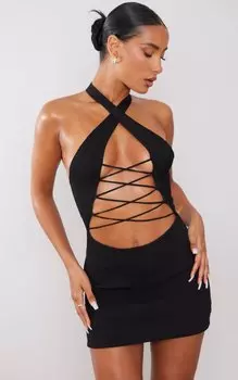 PrettyLittleThing Черное платье в рубчик с воротником-халтер и кружевом спереди