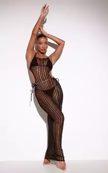 PrettyLittleThing Черное пляжное платье с сетчатым вырезом и разрезом по бокам, связанное крючком