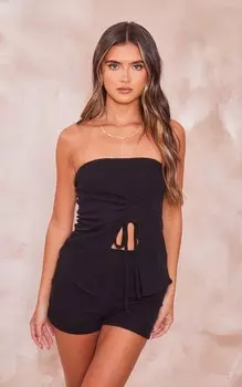 PrettyLittleThing Черное прозрачное асимметричное бандо со сборками в рубчик по бокам